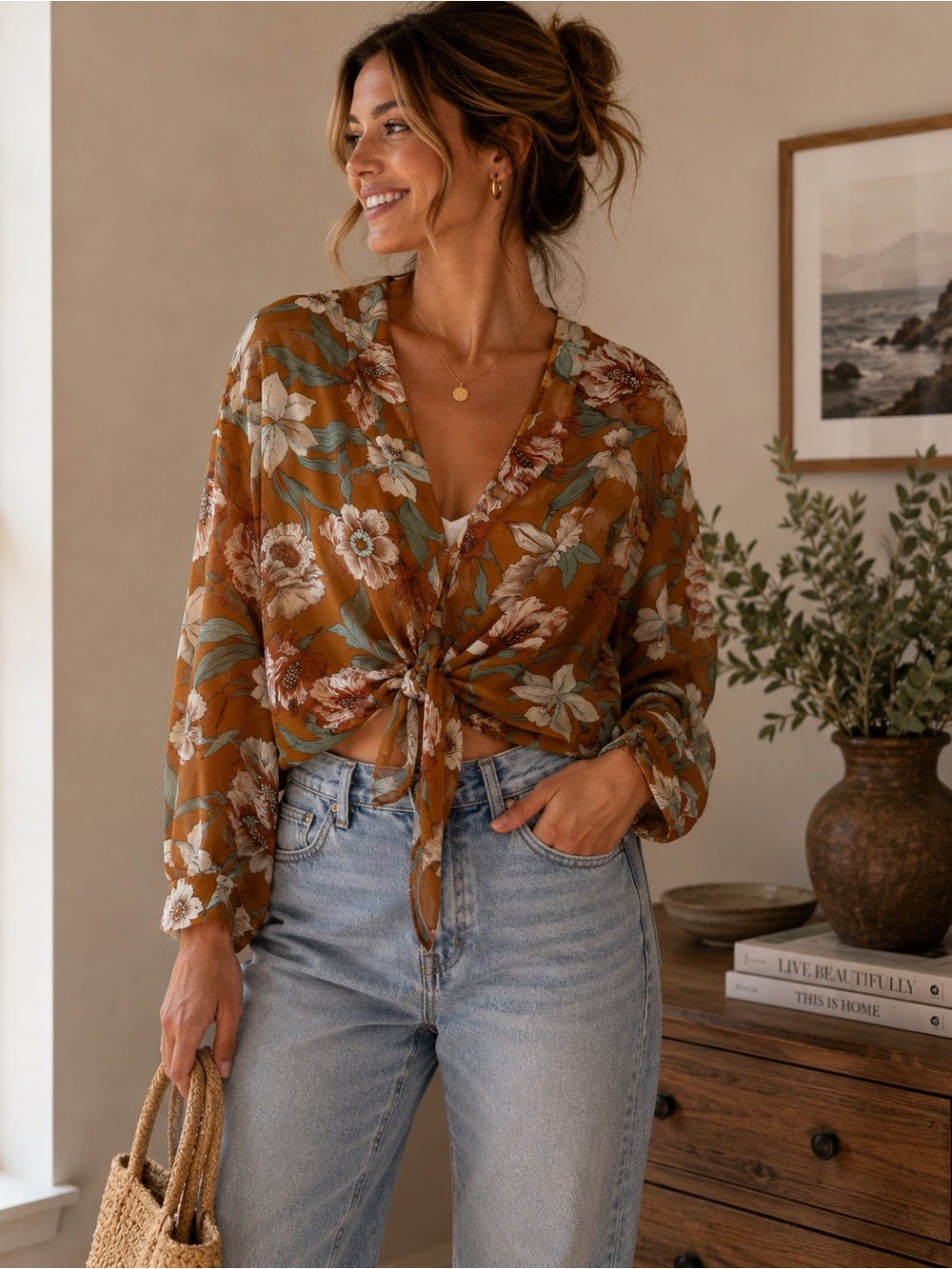 Women's Floral Tie-Front Blouse - Rust Floral